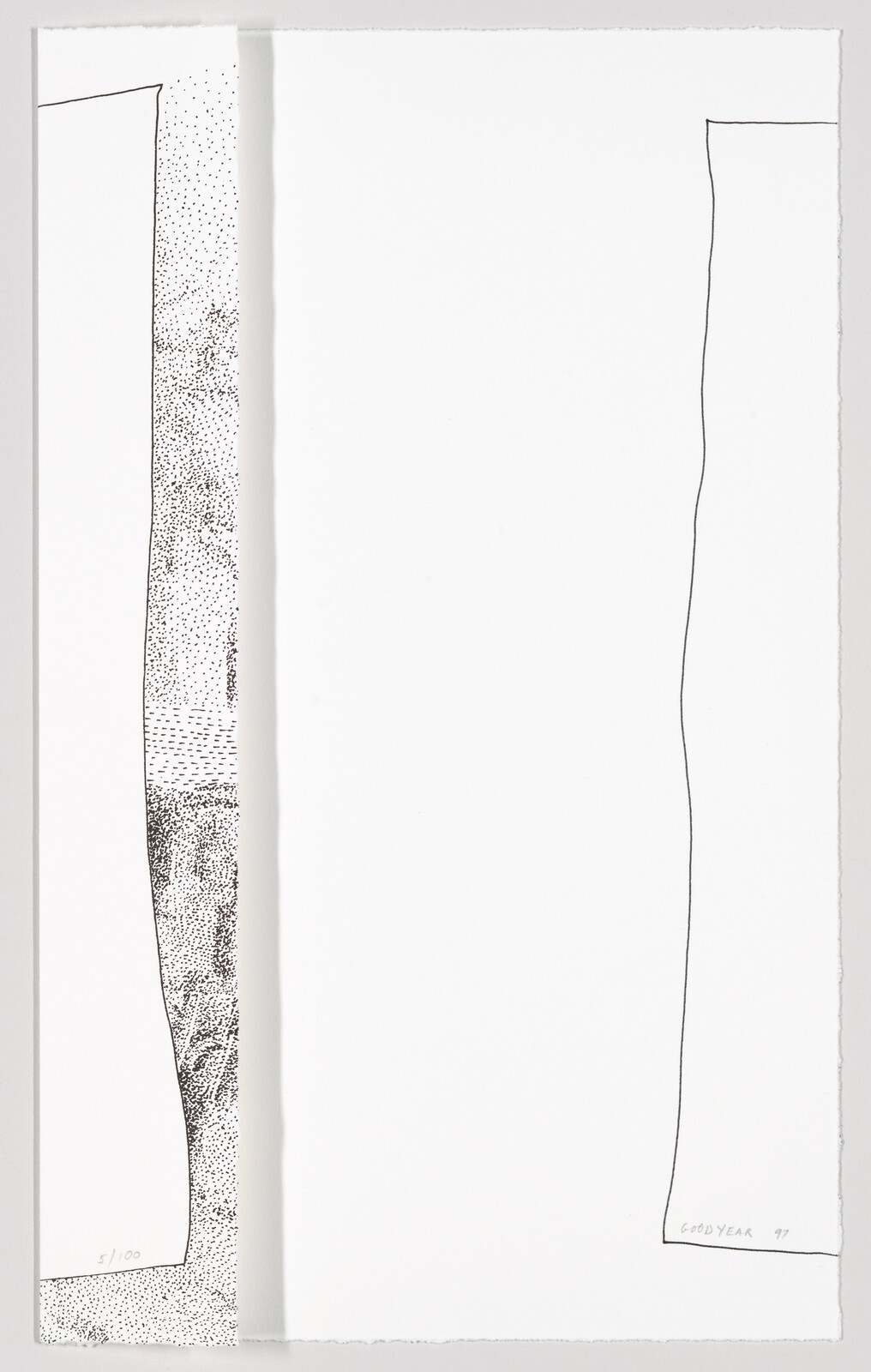 Two tall vertical panels on white paper, one textured with dots and one outlined by a wavy line.