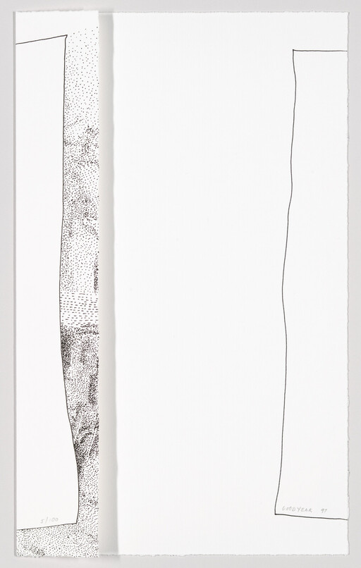 Two tall vertical panels on white paper, one textured with dots and one outlined by a wavy line.