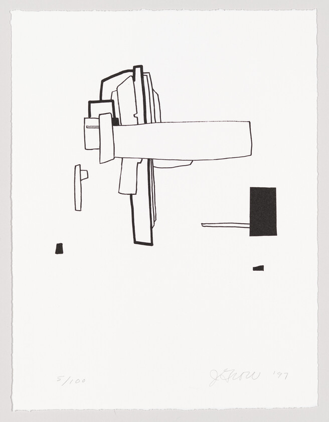 A black and white abstract print featuring geometric shapes and lines that resemble an architectural form or mechanical parts. The composition is centered on the page with a few isolated elements scattered around. The print is numbered 5/100 and signed by the artist, dated '97, in the lower margin.