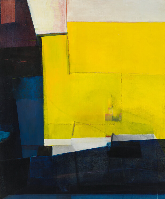 Large bright yellow rectangle dominates abstract painting with overlapping deep blue and black geometric shapes.