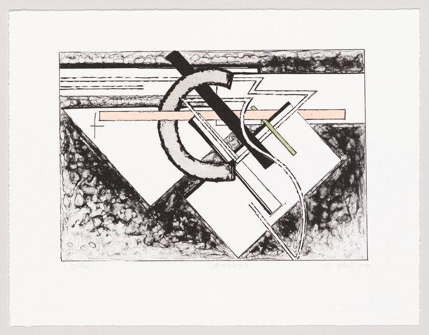A print featuring an abstract composition with geometric and organic shapes in black, white, and hints of color. The artwork includes textured areas that resemble marble, with overlaid linear elements and shapes suggesting depth and movement. The piece is numbered and signed by the artist in pencil at the bottom.