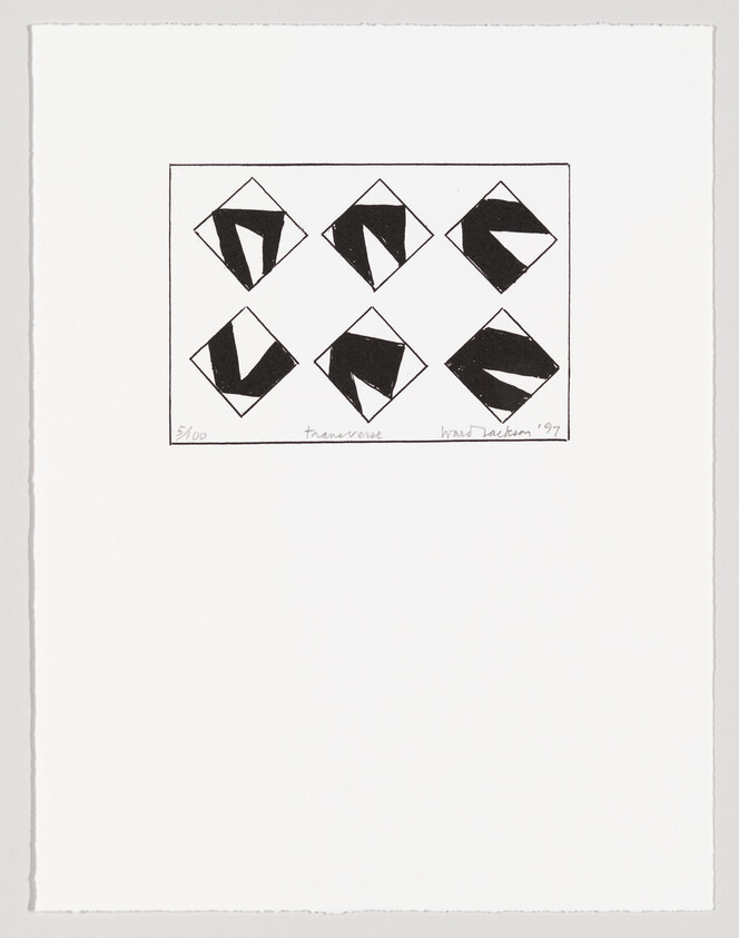 Six diamond-shaped tiles with black geometric cutouts arranged in two rows on white paper.