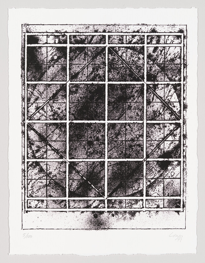 A black and white abstract print featuring a grid with chaotic, textured patterns and intersecting lines, possibly a numbered artwork given the fraction 5/100 and a signature at the bottom.