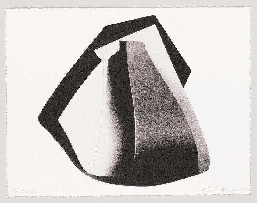 Smooth abstract black and gray sculptural form with angular black outline against white background.