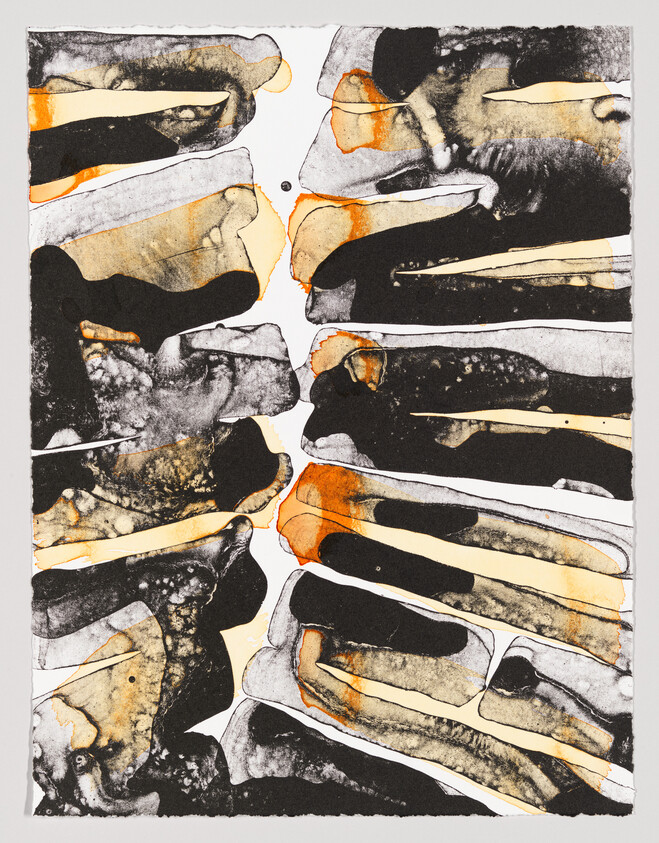 Abstract print with layered black and gray shapes and orange accents forming vertical stacked patterns.
