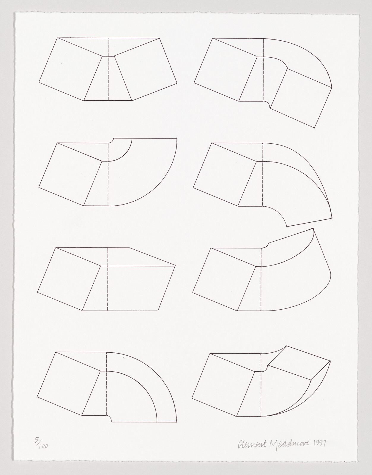 Eight line-drawn geometric shapes showing a rectangular block bending and rotating around a central axis.