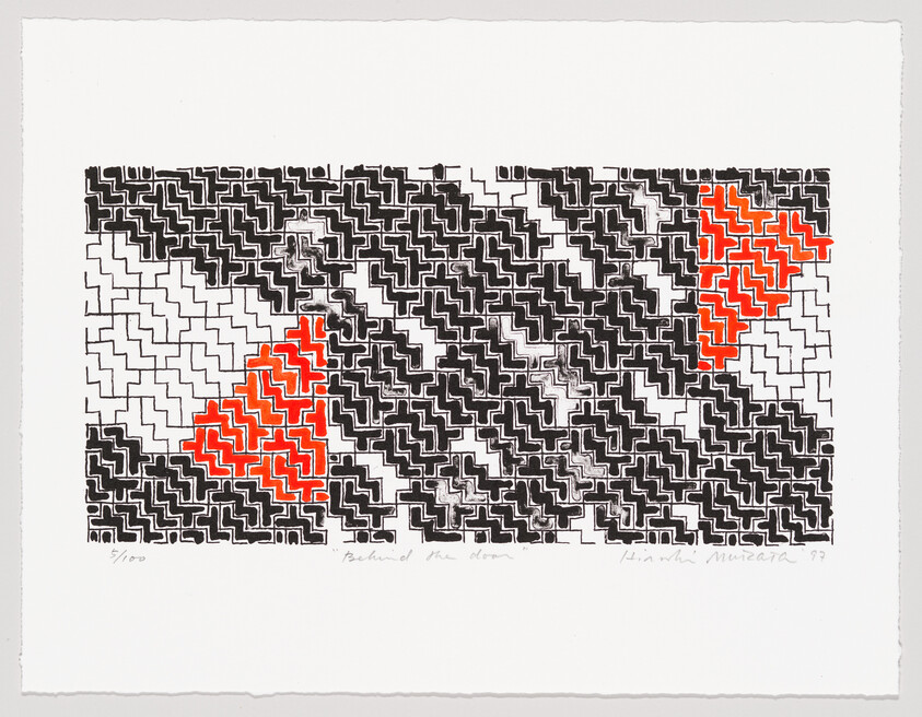 A print featuring a complex black and white maze-like pattern with a concentrated area of red paths in the center, on a white background. The image includes a signature and edition number on the bottom left and the artist's name and year on the bottom right.