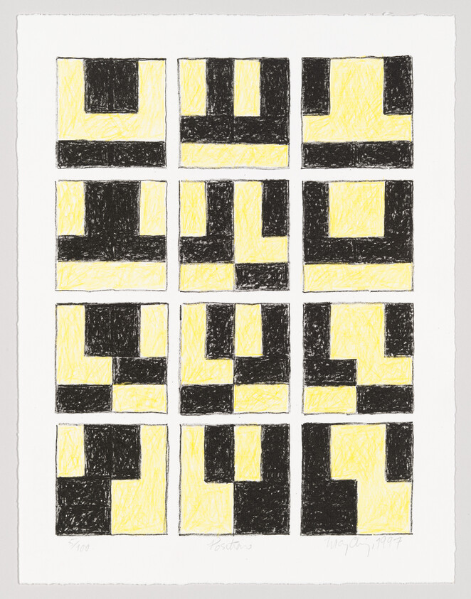 Twelve hand-drawn squares arranged in a grid, each showing black and yellow geometric shapes.