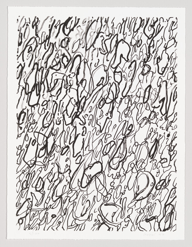 Dense black ink loops and squiggles cover a white sheet in a chaotic, vertical pattern.