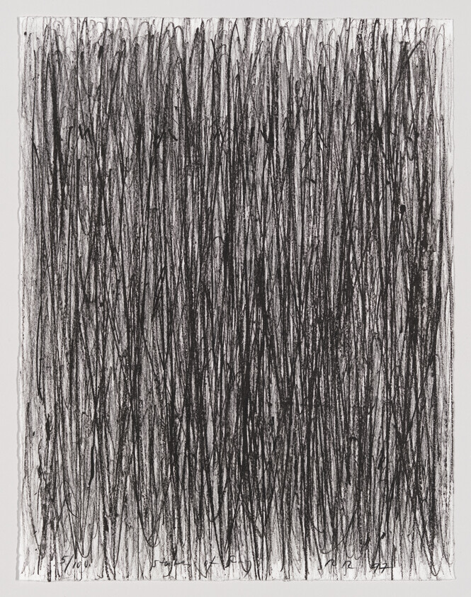Dense vertical charcoal scribbles cover the page forming a textured black field.