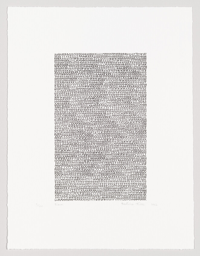 A centered rectangular block of densely repeated small handwritten letters on white paper.