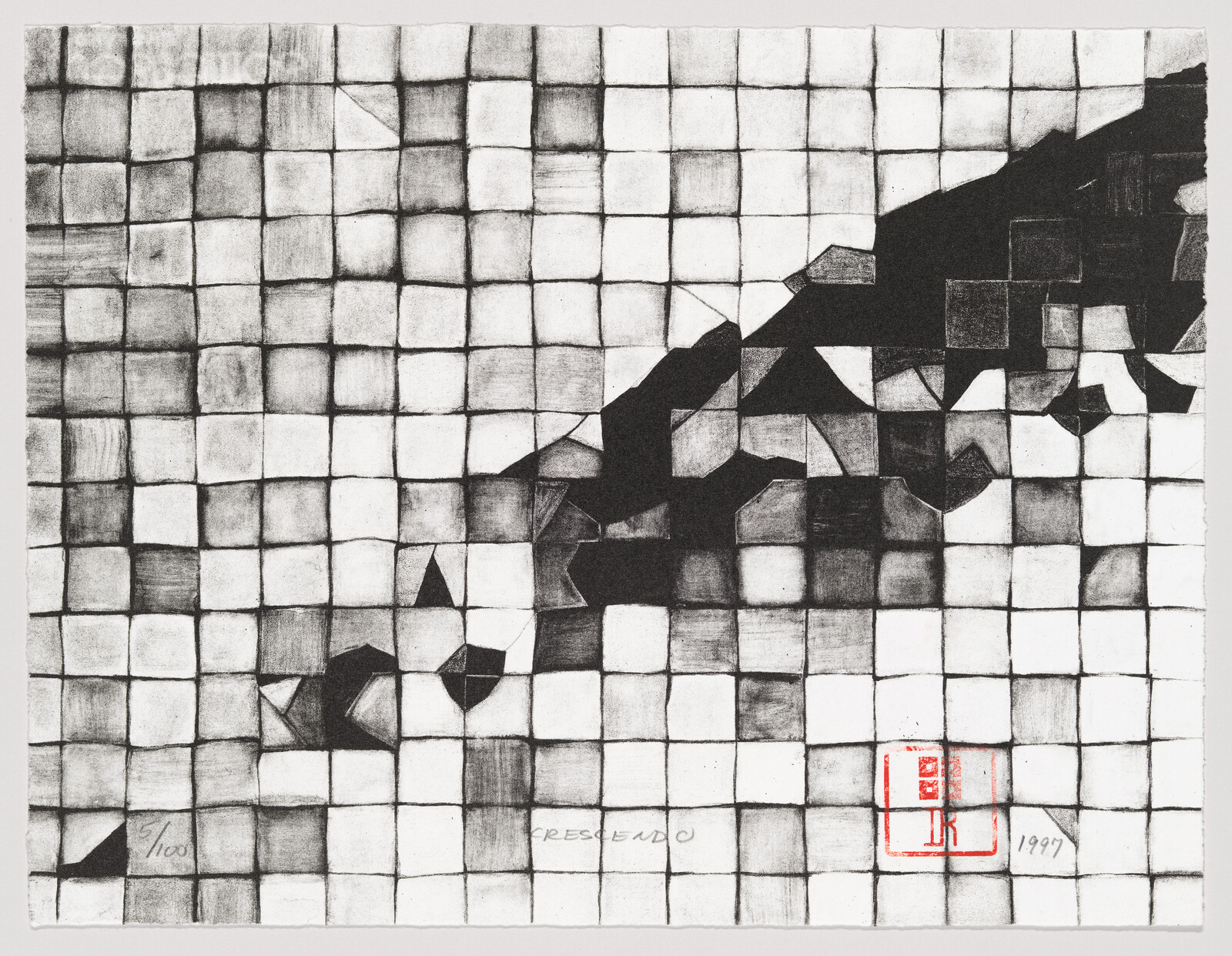 A black and white abstract print featuring a grid of distorted squares with a darker, fragmented shape extending diagonally from the upper right to the lower left. The artwork is signed and dated in the lower right corner with a red stamp.