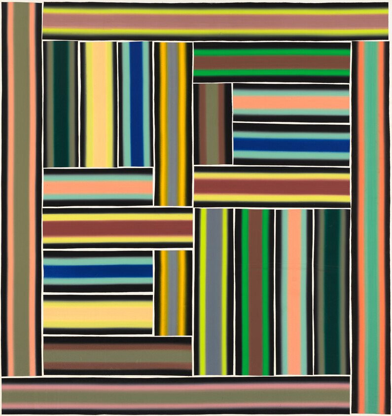 A geometric quilt of rectangular blocks filled with bold vertical and horizontal multicolored stripes.
