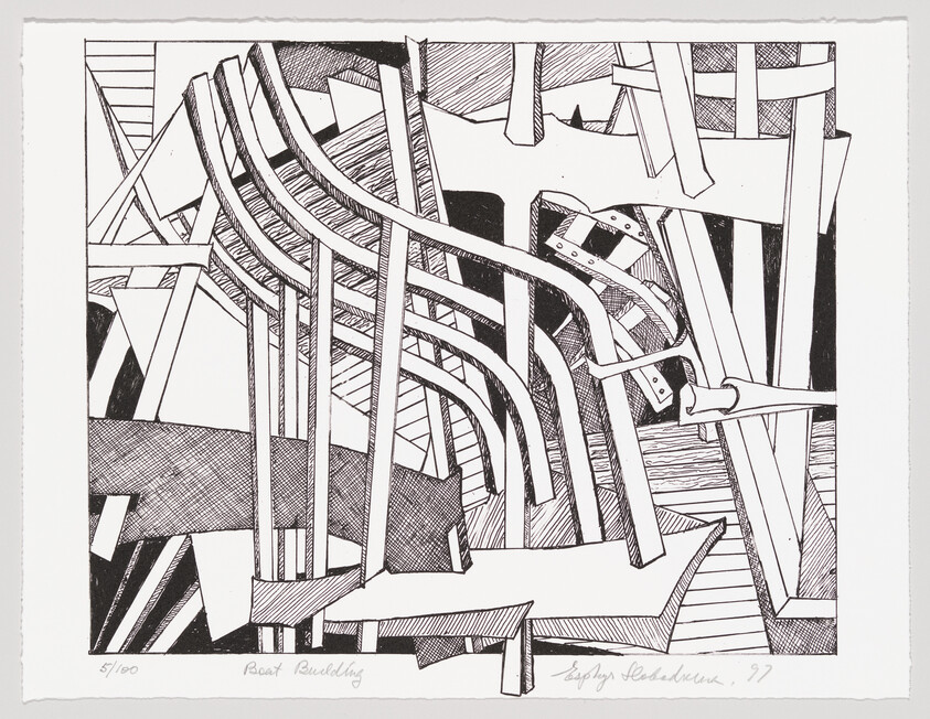 Black and white abstract print featuring a complex arrangement of geometric shapes and curved lines that create a sense of depth and movement. The artwork is numbered and signed by the artist, suggesting it's part of a limited series.