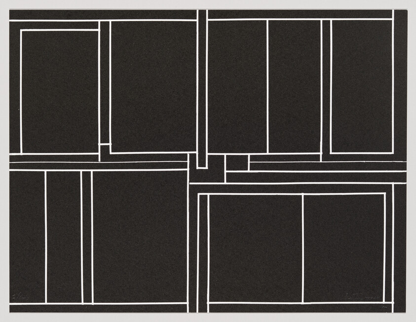 Black composition with white outlined rectangular grid forming intersecting panels across the image.
