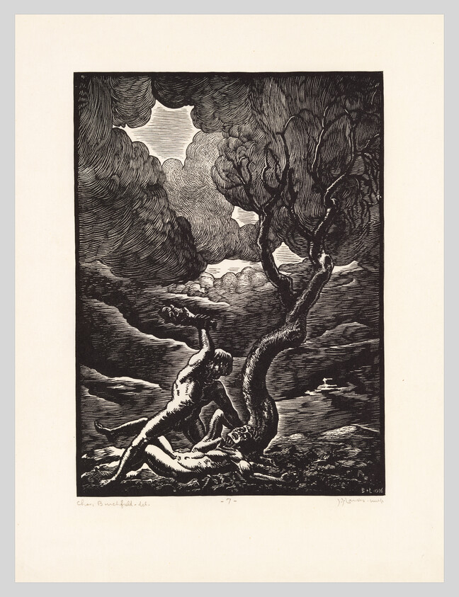 Two nude figures struggle under a twisted tree beneath dramatic storm clouds.