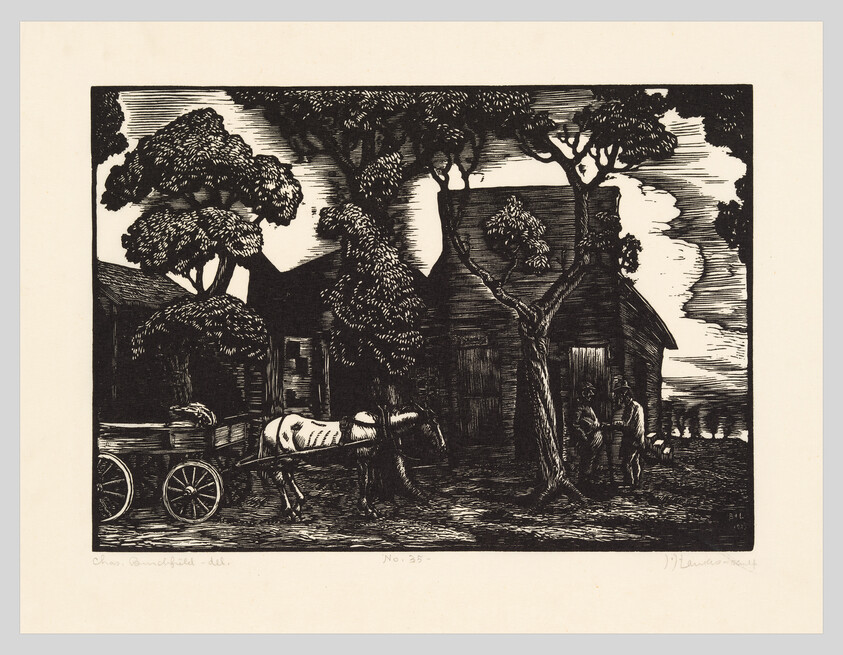 A horse-drawn cart stands under trees beside a barn while two people talk near the doorway.