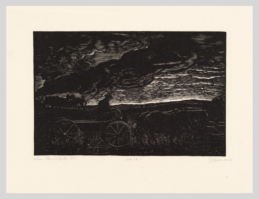 A horse-drawn wagon travels across a field under a dramatic, cloud-filled evening sky.