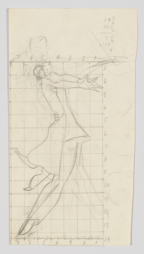 A pencil study of a dancing figure reaching forward, drawn over a numbered grid for proportion.