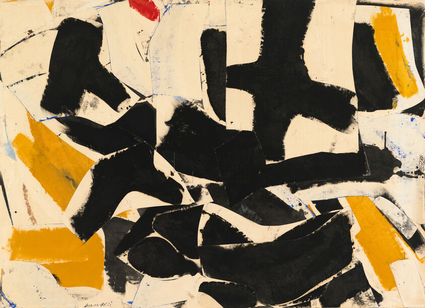 Large abstract painting with bold black shapes and yellow accents on a cream background.