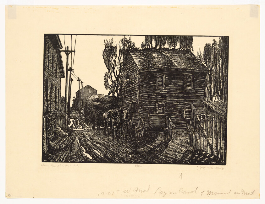 Two oxen pull a loaded wagon down a muddy lane past wooden buildings and a fence.