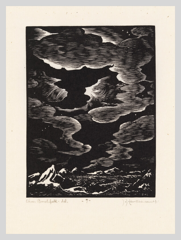 Dark swirling clouds over a jagged mountain range under a starry night sky.