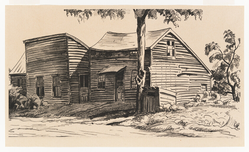 Old weathered wooden house with a large tree and low shrubs in a black ink sketch.