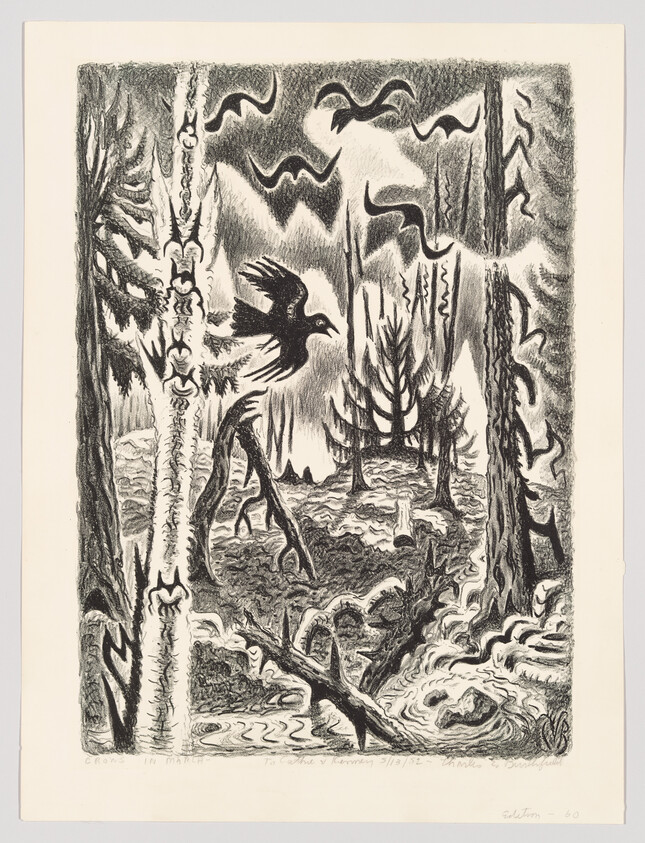 A black and white lithograph depicting a dramatic forest scene with a crow in mid-flight among tall, slender trees. The sky is filled with swirling clouds, and the ground is textured with what appears to be foliage and fallen branches. The image has a dynamic, somewhat eerie quality, with strong contrasts and expressive lines. There is handwriting at the bottom of the image, likely the artist's signature and some annotations.