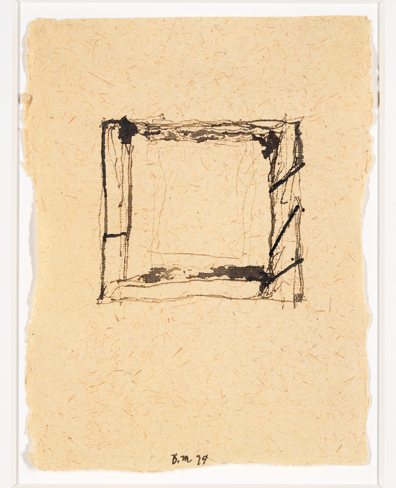 Rough hand-drawn square frame with dark ink corners on textured beige paper.