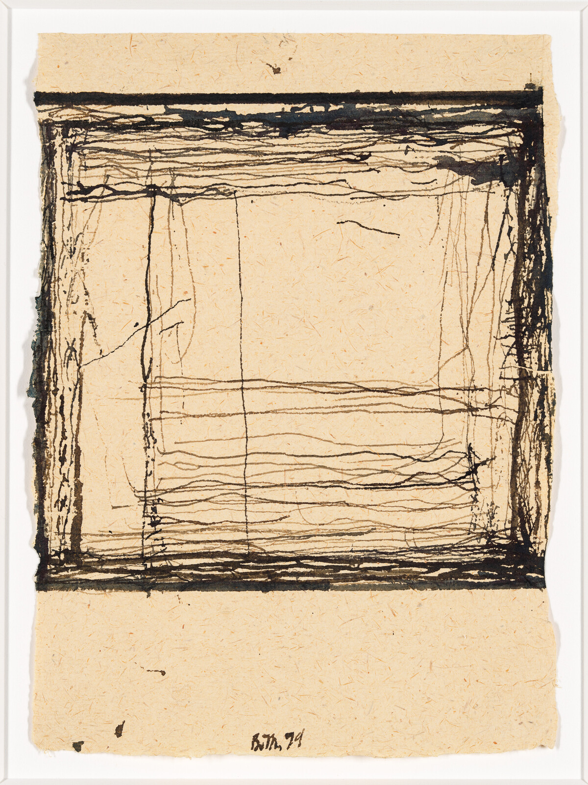Abstract ink sketch showing a rough rectangular frame and parallel horizontal lines on paper.
