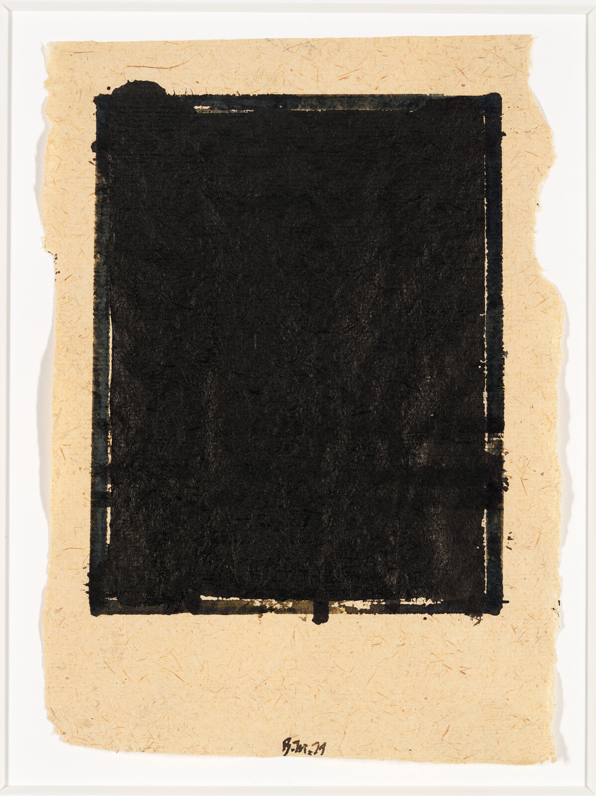 A large rough black rectangle painted on handmade beige paper with a small signature at bottom.