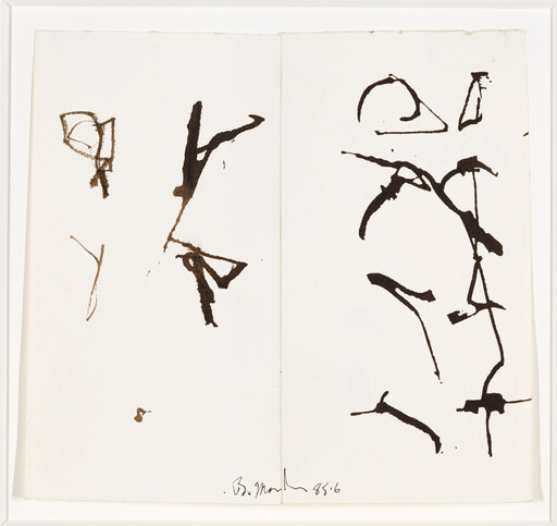 Two-panel ink drawing with scattered abstract black strokes and a small signature at the bottom.