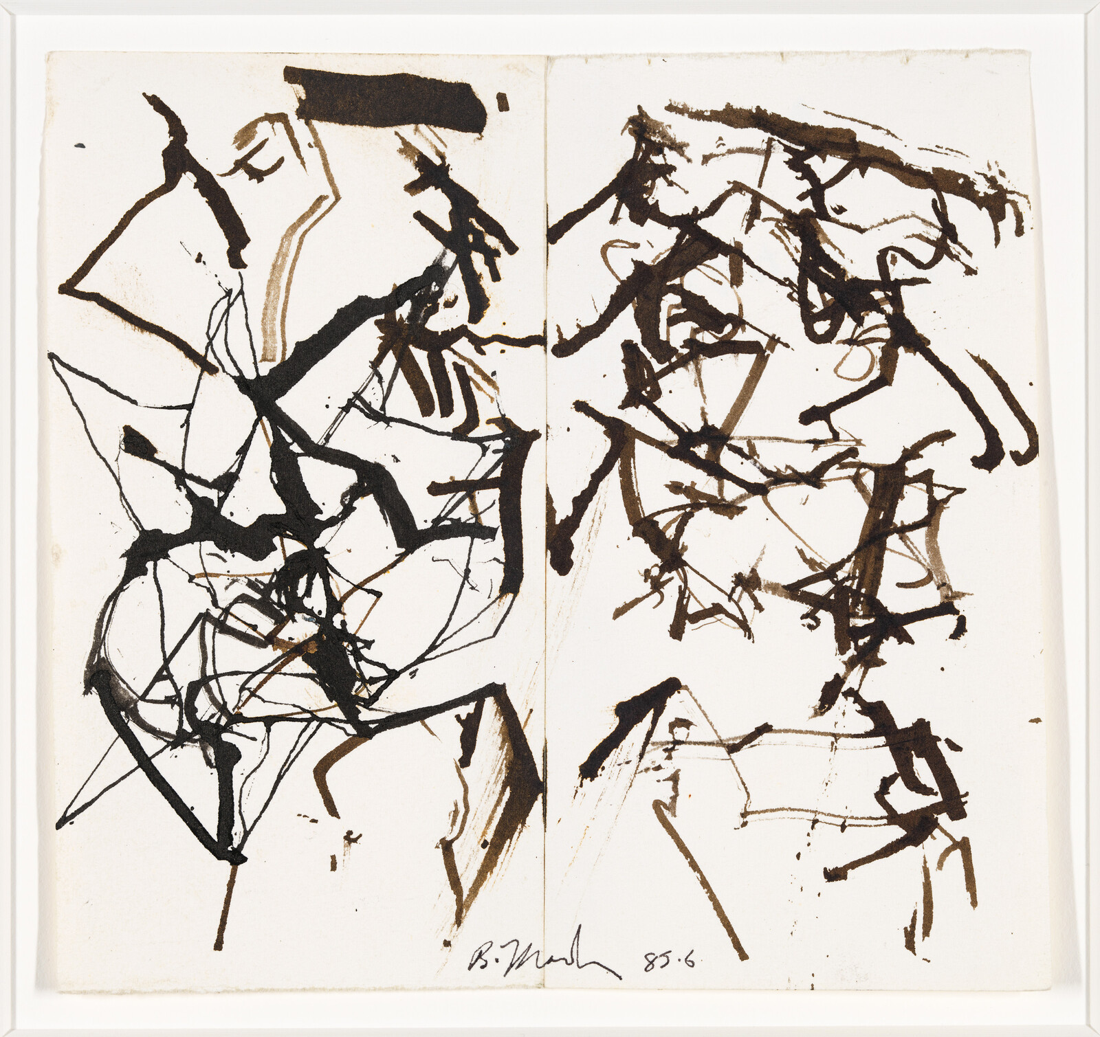 Abstract diptych of black and brown ink scribbles forming chaotic overlapping lines on white paper.