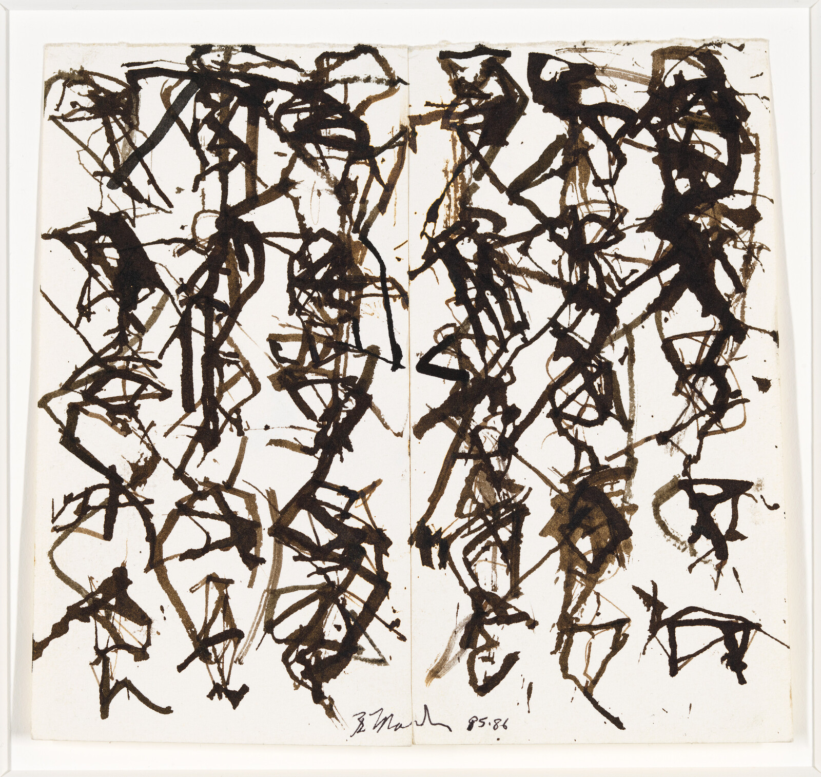 Chaotic vertical columns of dark brown ink strokes on a white background, resembling abstract figures.