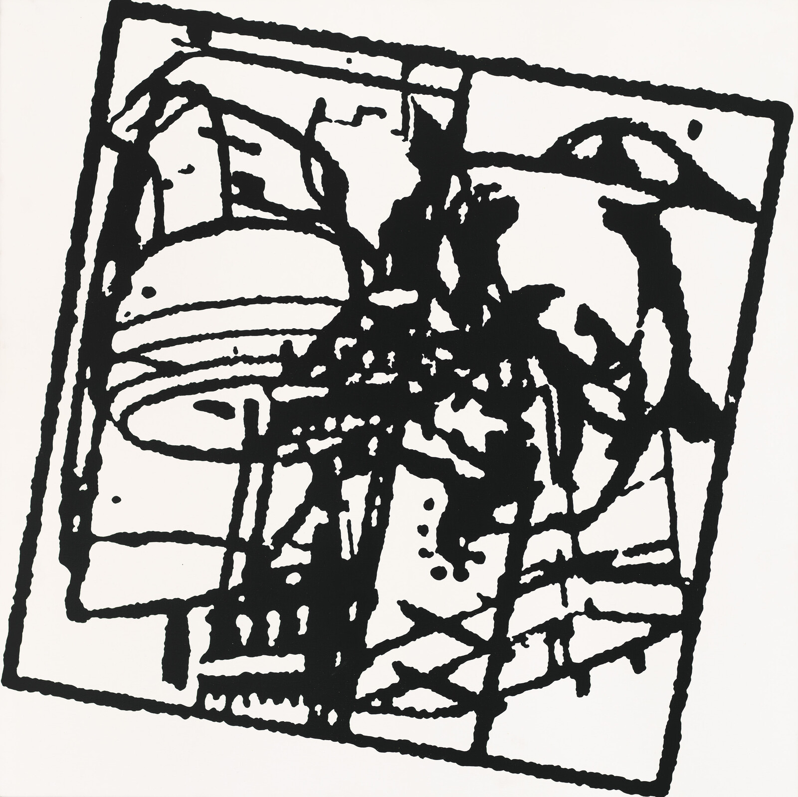 Black abstract scribbles and shapes fill a tilted rectangular frame on a white background.