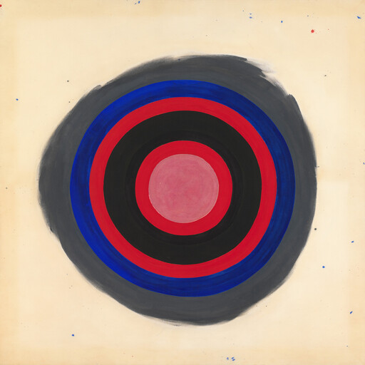 Concentric circles with pink center, red and black rings, blue and gray outer rings on beige background.