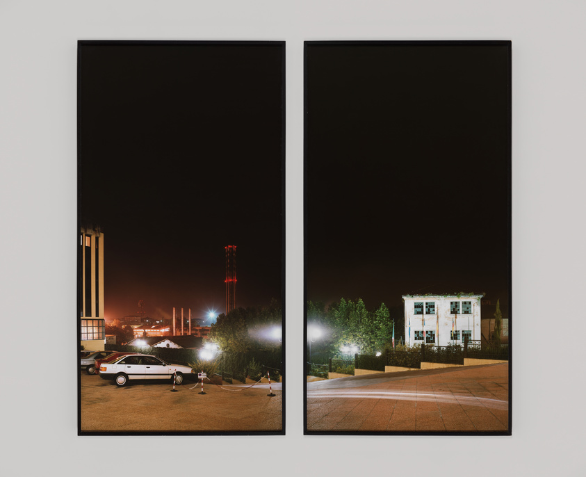 Two-panel night scene: left shows a car and industrial area with red lights; right features a lit building and trees under a dark sky.