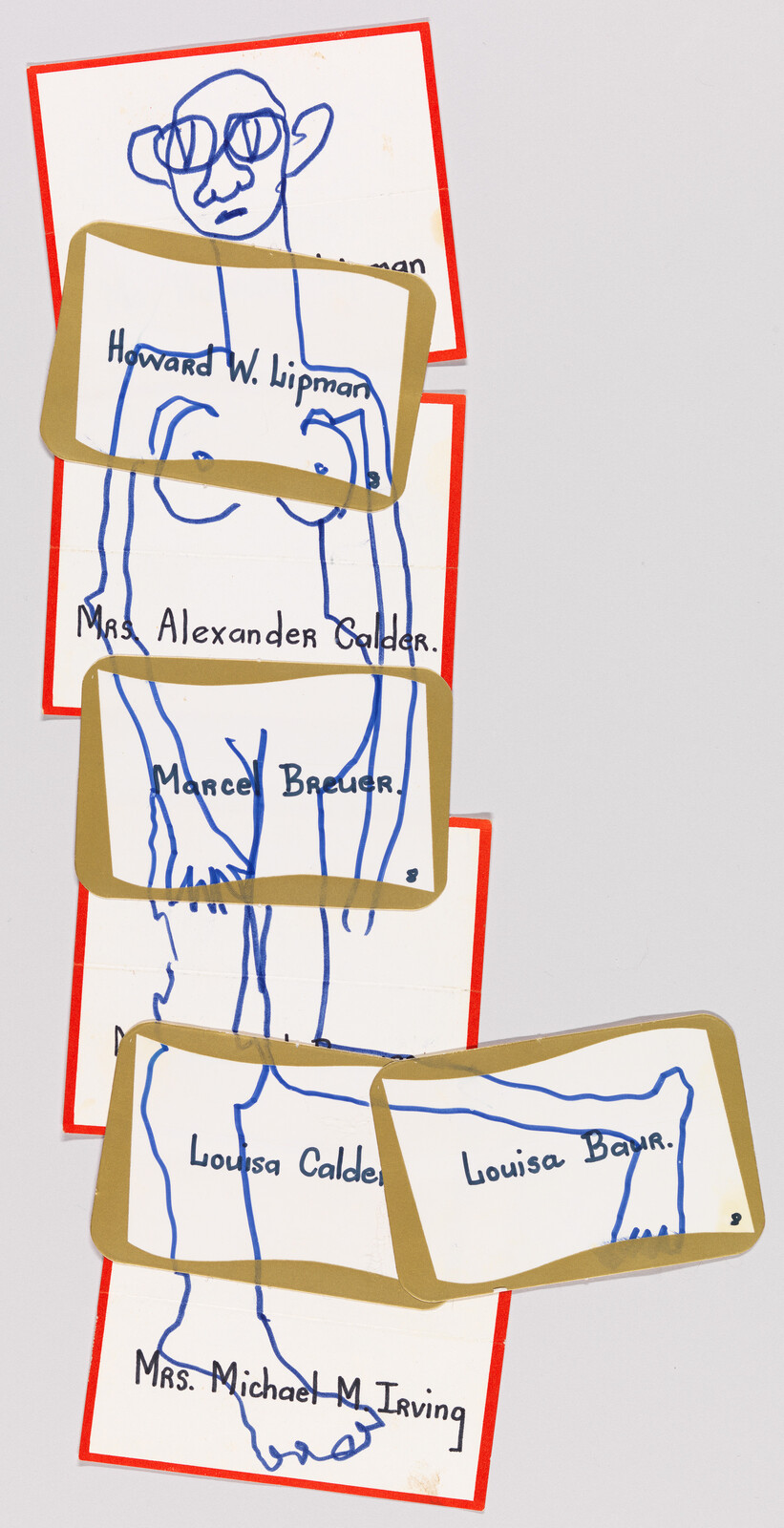 Stacked red-bordered name tags arranged to form a tall blue line-drawn human figure.