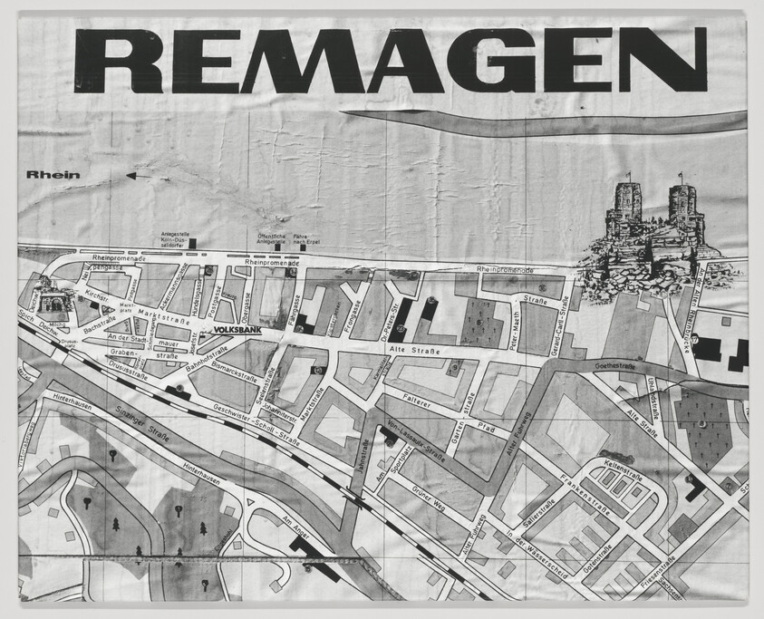 Map of Remagen town showing streets, the Rhine river, and a castle landmark.