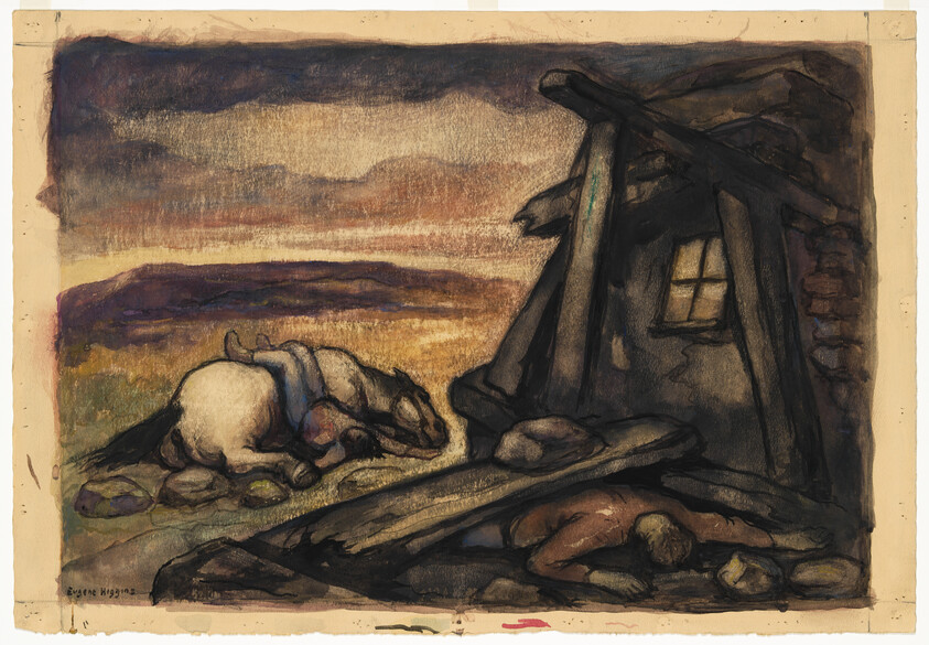 A collapsed wooden shelter beside a fallen man and a downed horse at dusk.