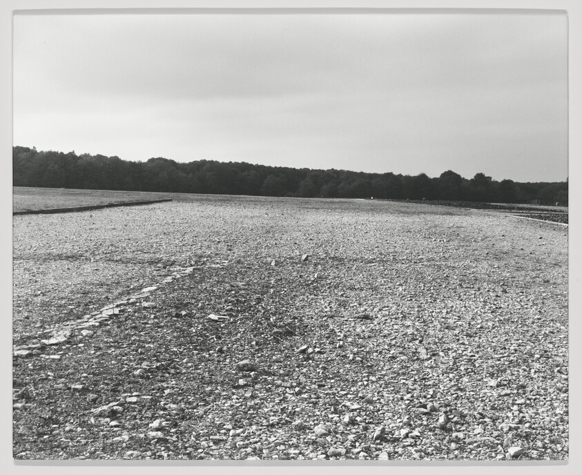 A black and white photograph depicting a vast field of pebbles with a line of trees in the background under an overcast sky. There are visible tire tracks cutting through the pebble surface.