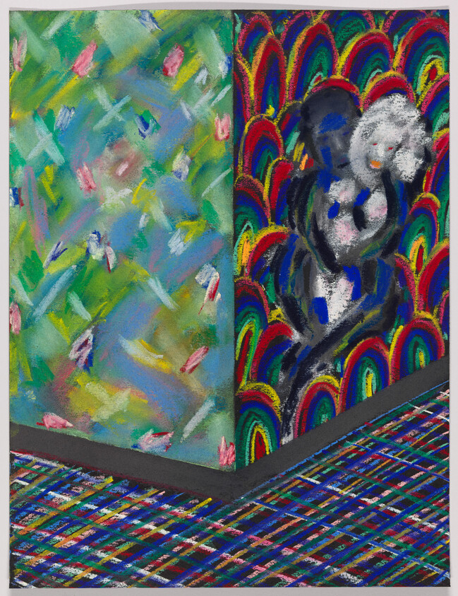 Colorful abstract corner with rainbow arches forming a shadowy figure beside pastel brushstrokes and patterned floor.