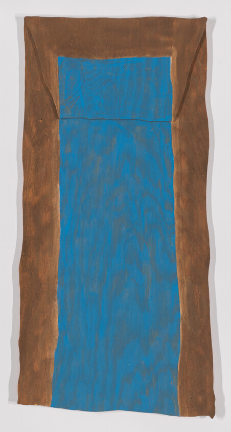Tall rectangular artwork with a blue center panel bordered by irregular brown edges.