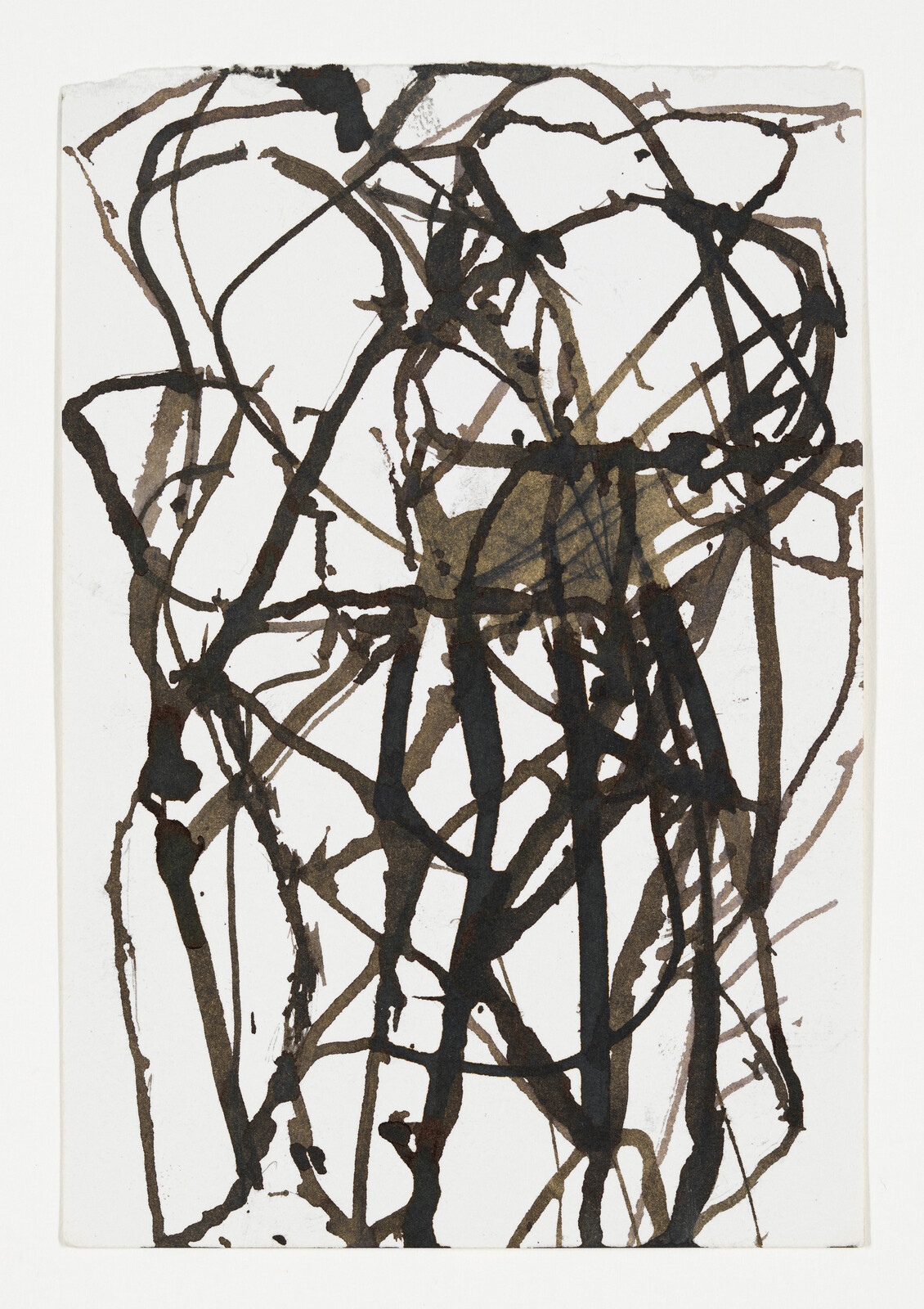 Tangled black ink lines form an abstract, web-like pattern on a white background.