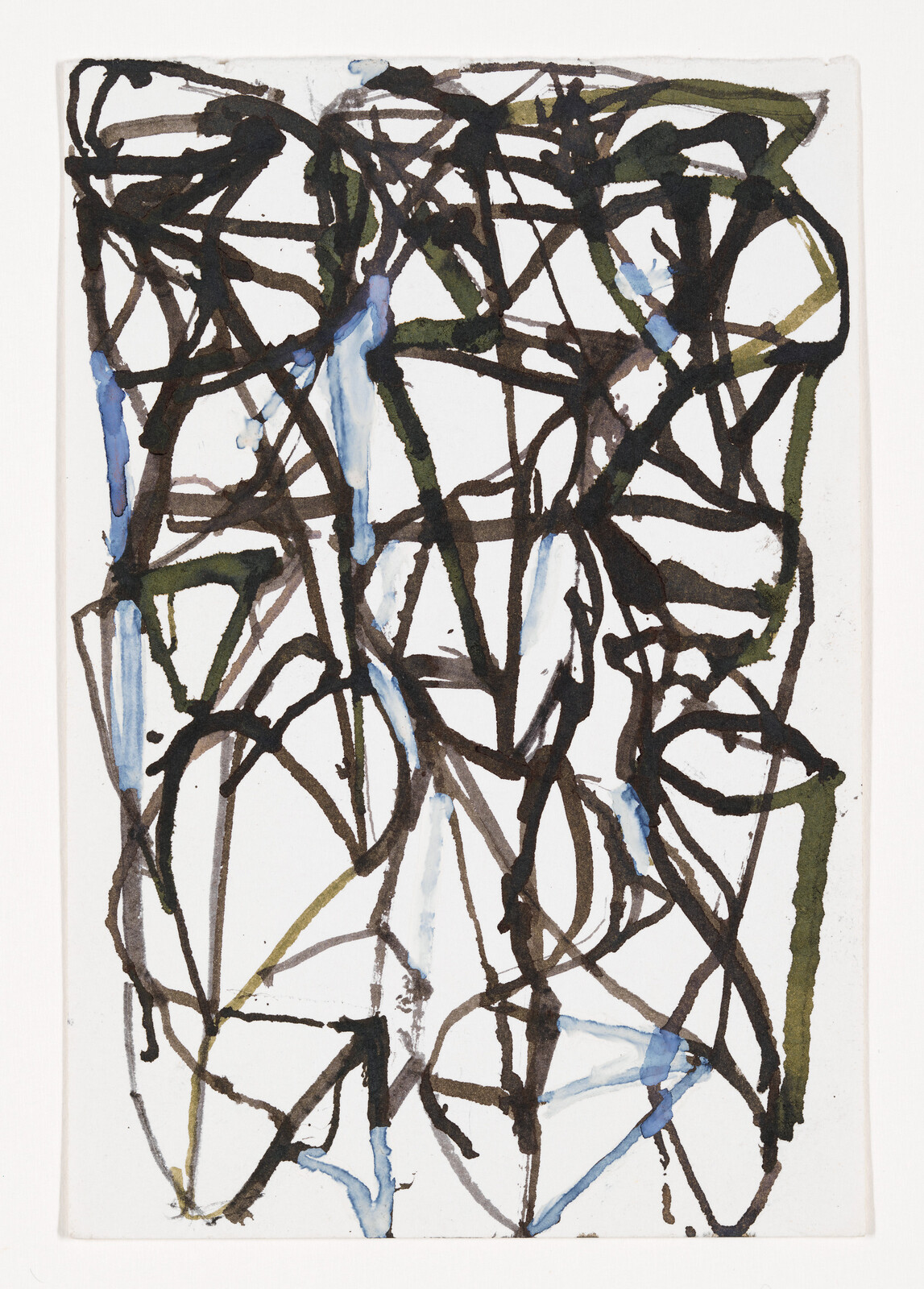 Tangled black, brown, and green lines with pale blue drips across a white background.