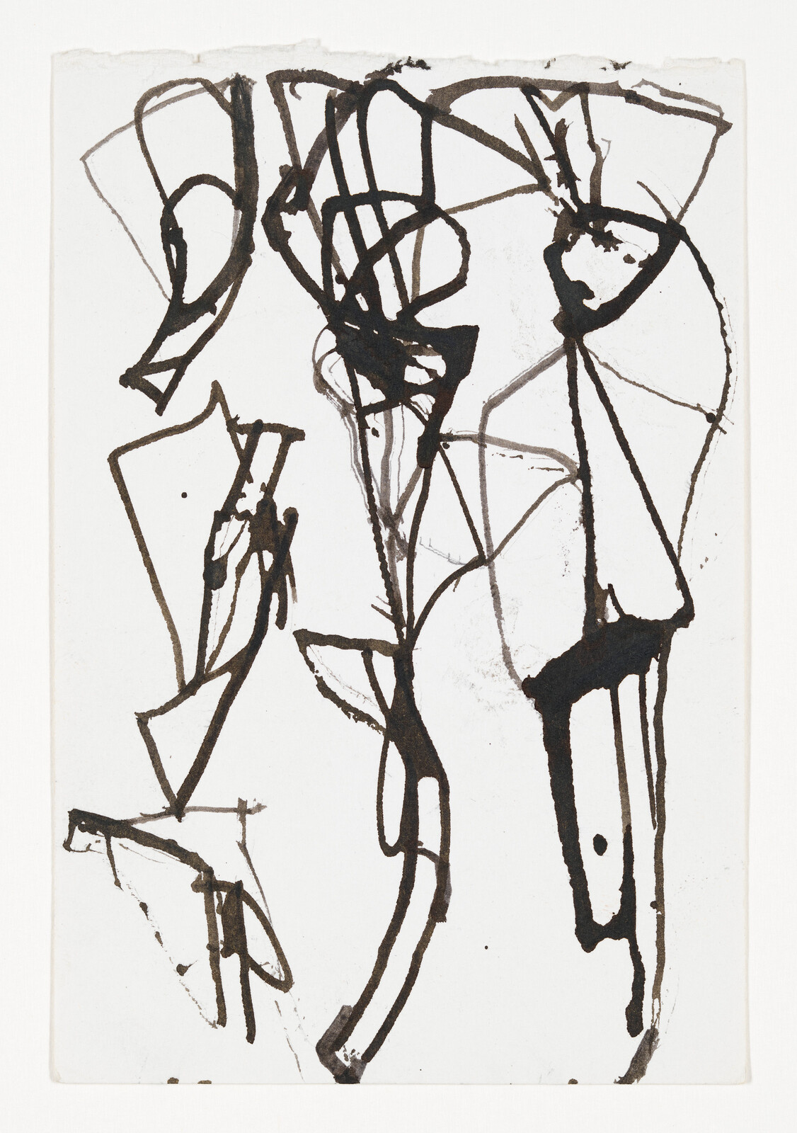 Abstract black ink drawing with looping, angular strokes and dripping marks on white paper.