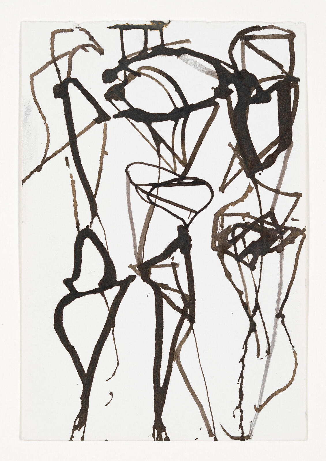 Abstract black ink drawing showing three tall, thin, loosely sketched human-like figures.