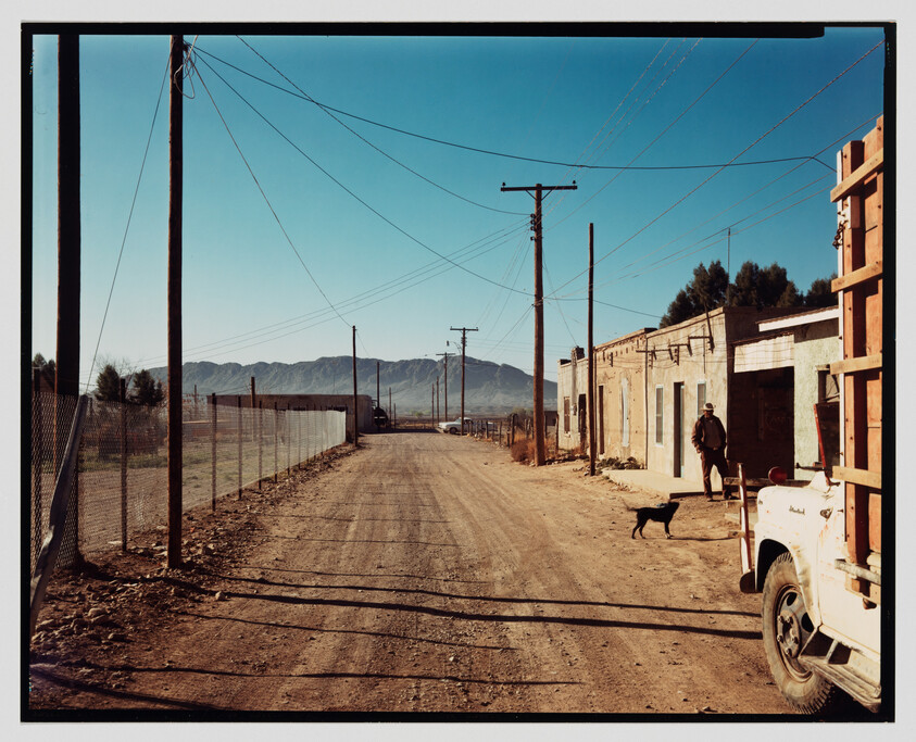 A man stands by a small building and a dog trots beside a dusty road lined with utility poles.