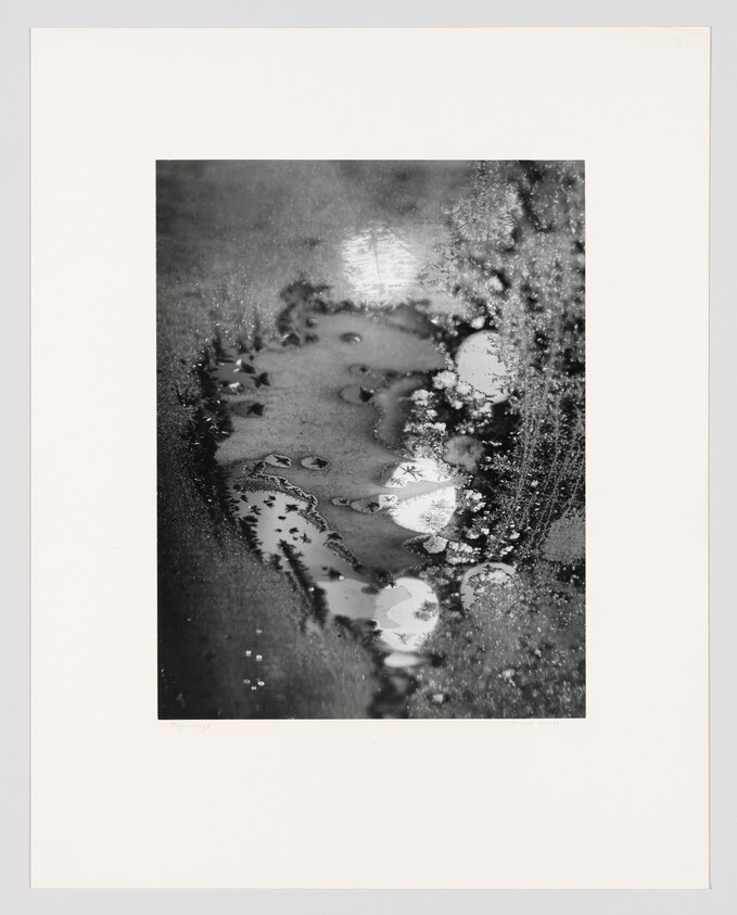 A close-up of a puddle with bright circular light reflections and frost-like textures on the surface.