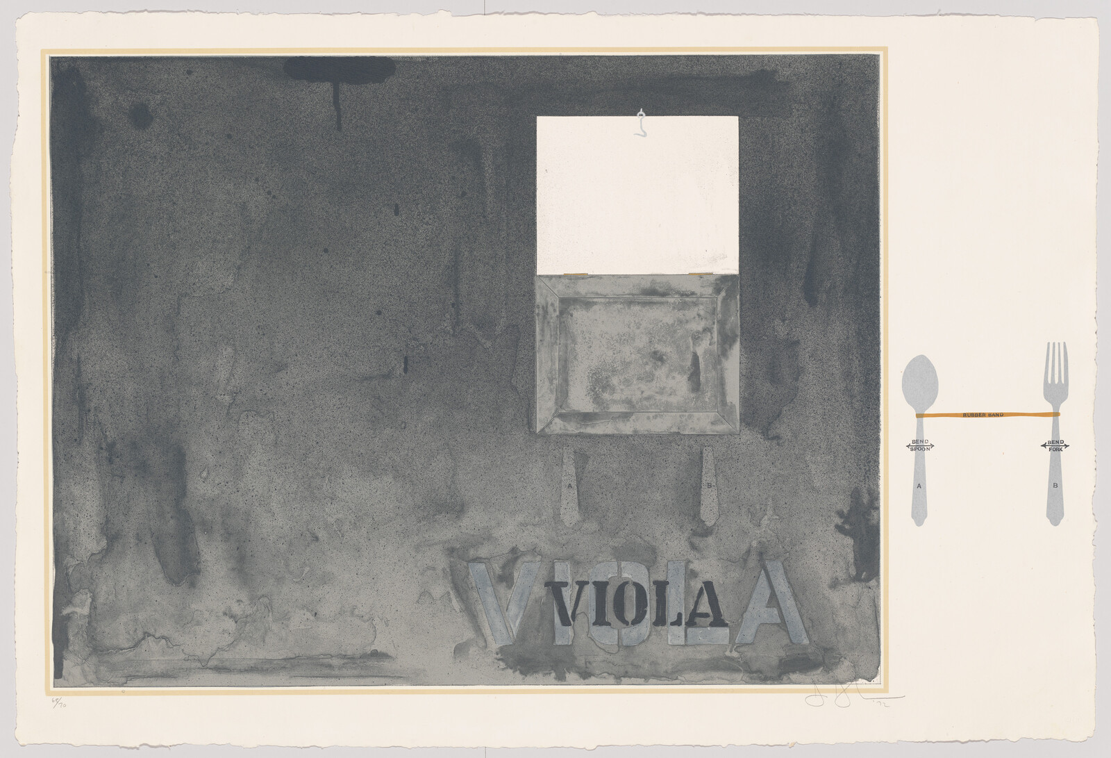 Dark textured panel with a small white square above a metal tray and the word "VIOLA."